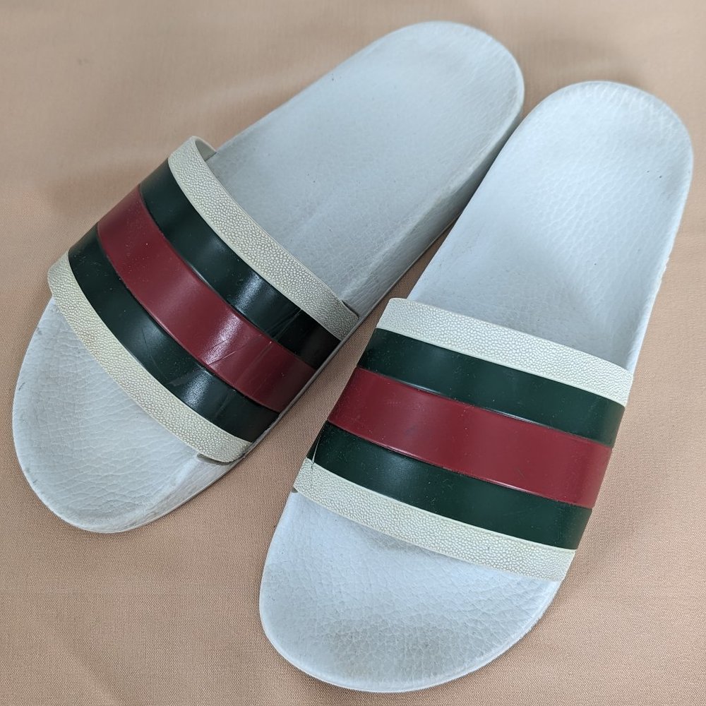 Gucci White Pursuit Trek Web Sandal Slides Sz 9
